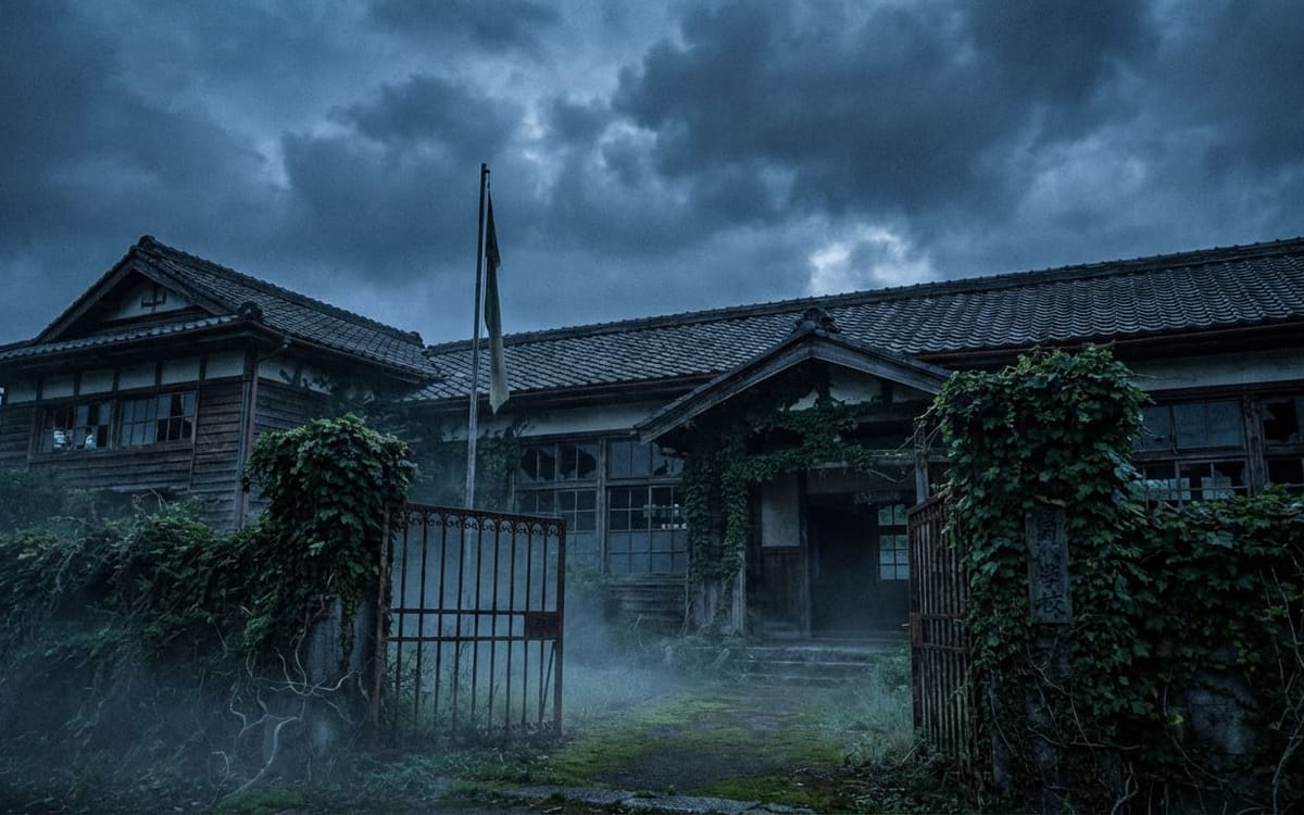 禍ツ校舎ノ怨霊 - 夕暮れに沈む旧校舎の外観 | PIXEL PROMO サウンドノベル