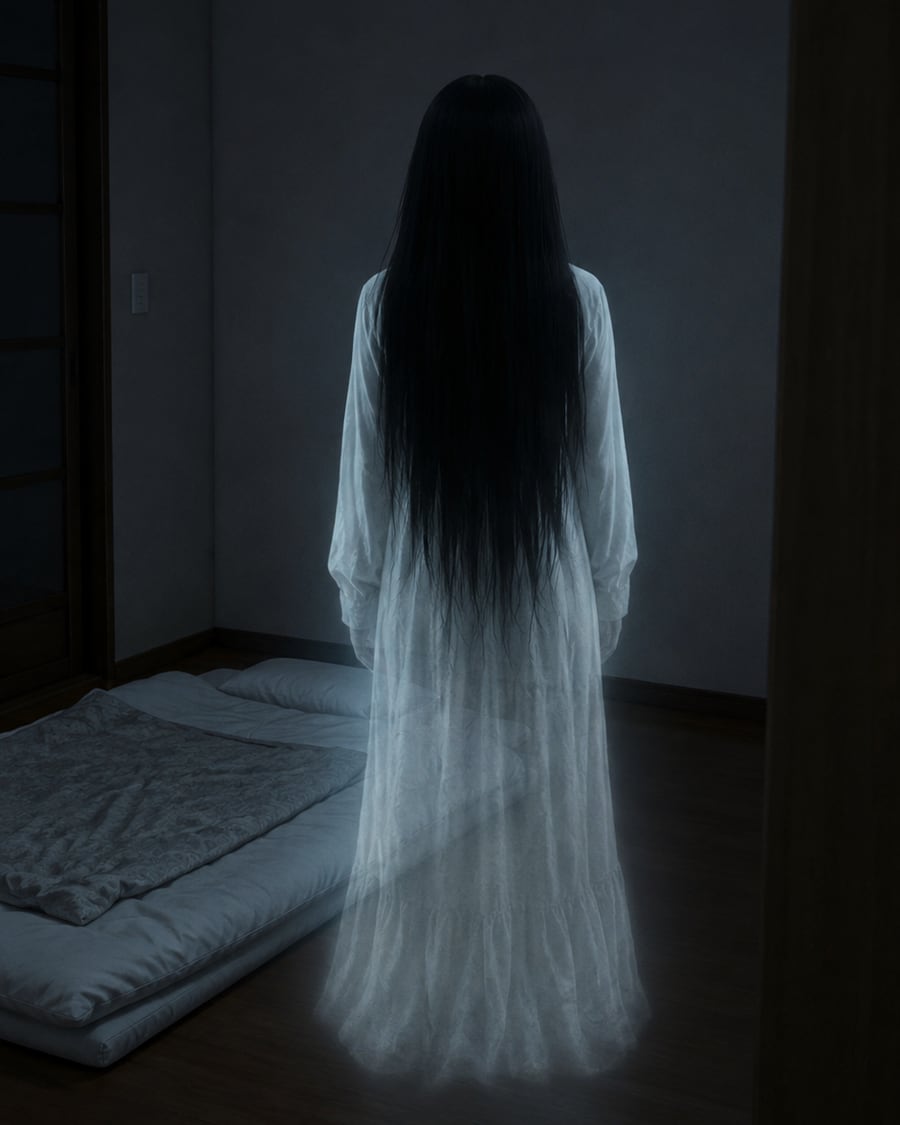 事故物件 2:33 AM - 暗い和室で敷かれた布団のそばに背を向けて立つ、長い黒髪と白い服の女性・藤井玲奈 | Fortnite 日本ホラー | PIXEL PROMO