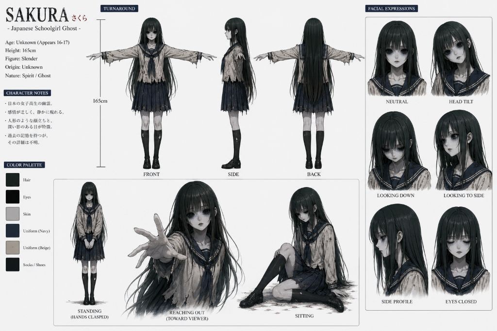 サクラのキャラクター設定資料。三面図・表情差分・カラーパレット・ポーズ集
