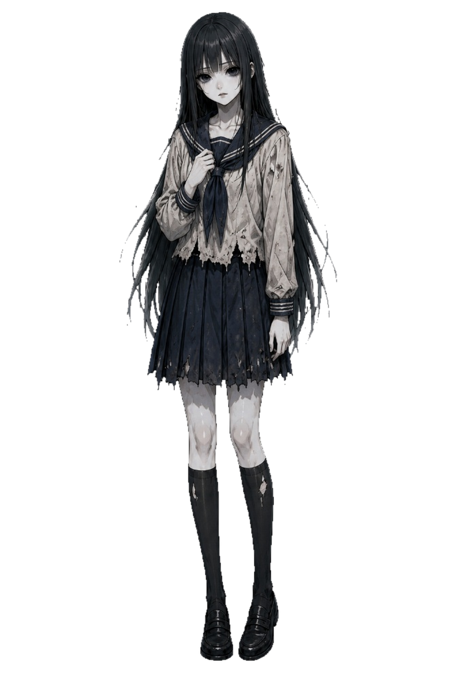 サクラの立ち絵。汚れて裂けたセーラー服、長い黒髪、感情の読めない目